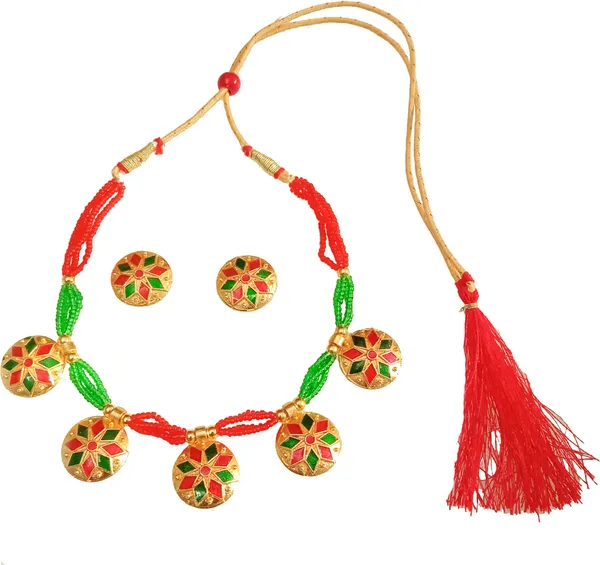 Assamese_Traditional_Red-Green_Colour_Golpata_Tassel_Jewellery_Set_For_Women